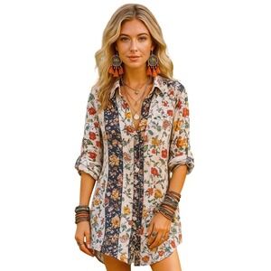 KC Khakis & Co. Womens Shirt Dress Button Front Floral Boho Festival Casual S